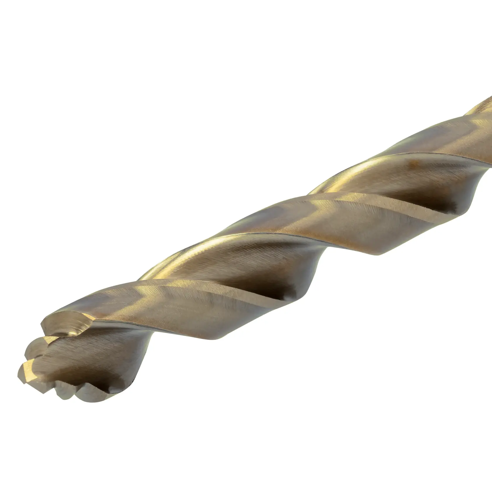 Close-up view of a metallic twist drill bit, showing its grooved tip and reflective surface.