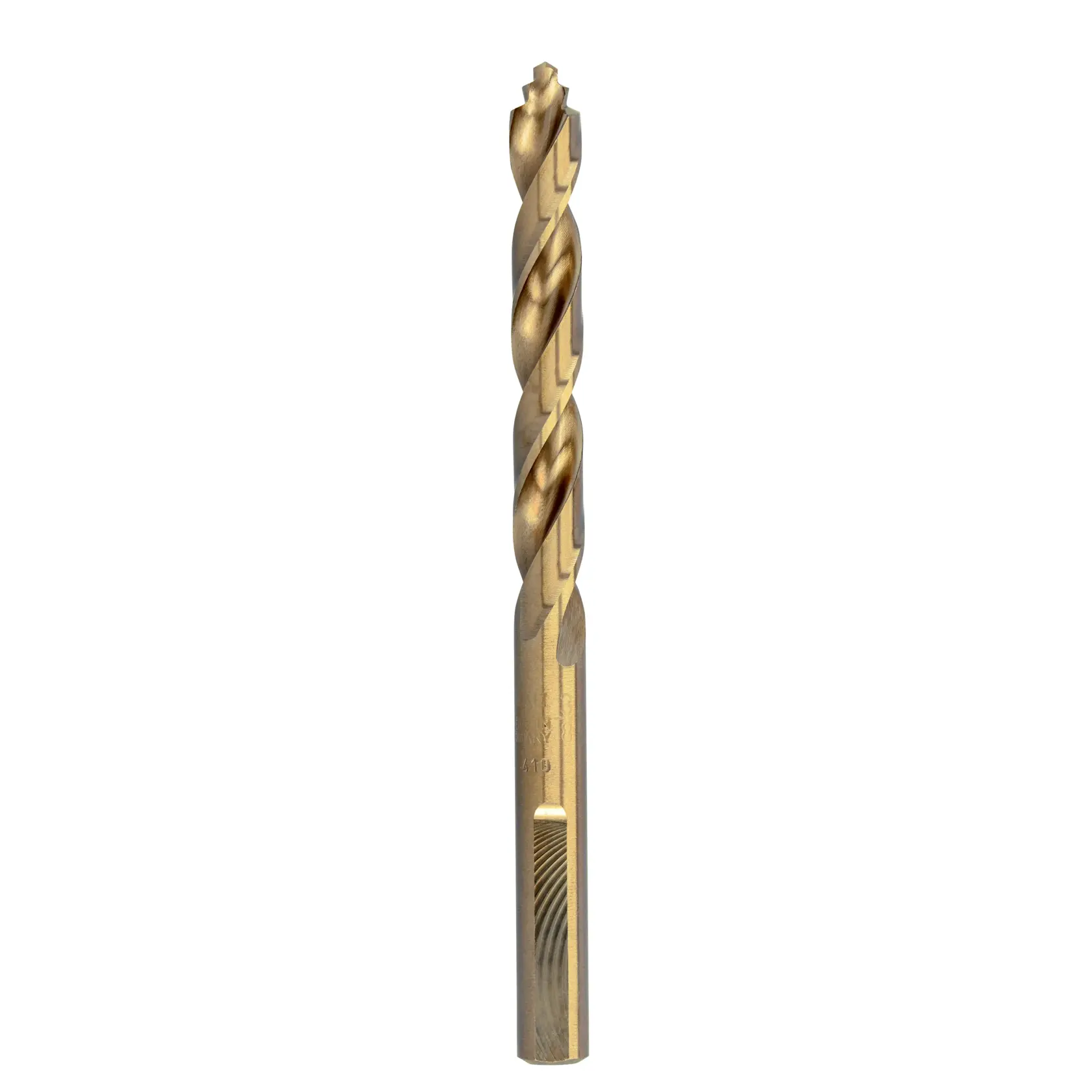 A single gold-colored DEWALT drill bit is shown vertically, with spiral fluting along the shaft, isolated on a white background.