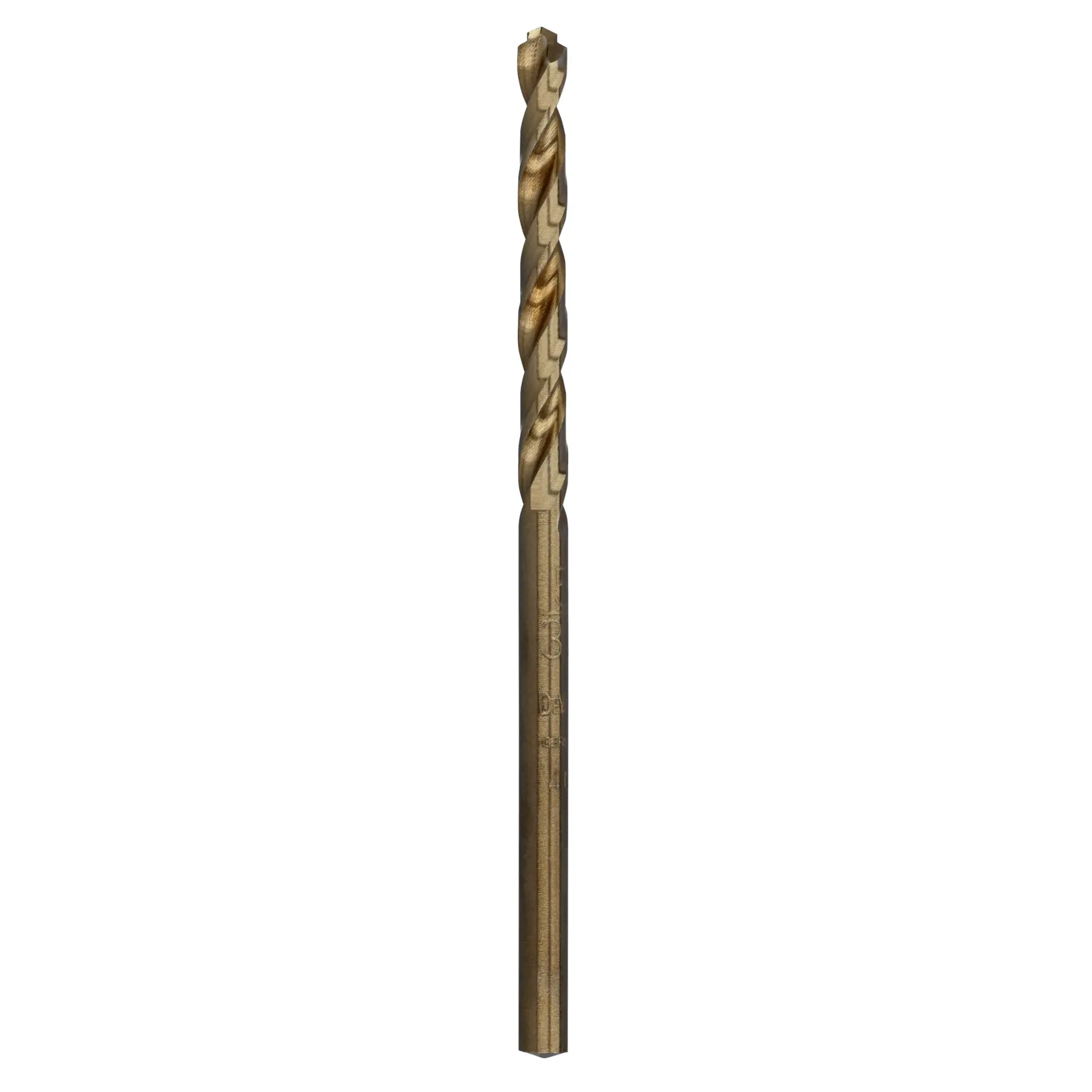 Single DEWALT DT4938 gold metal drill bit with spiral flutes, shown standing upright against a white background.