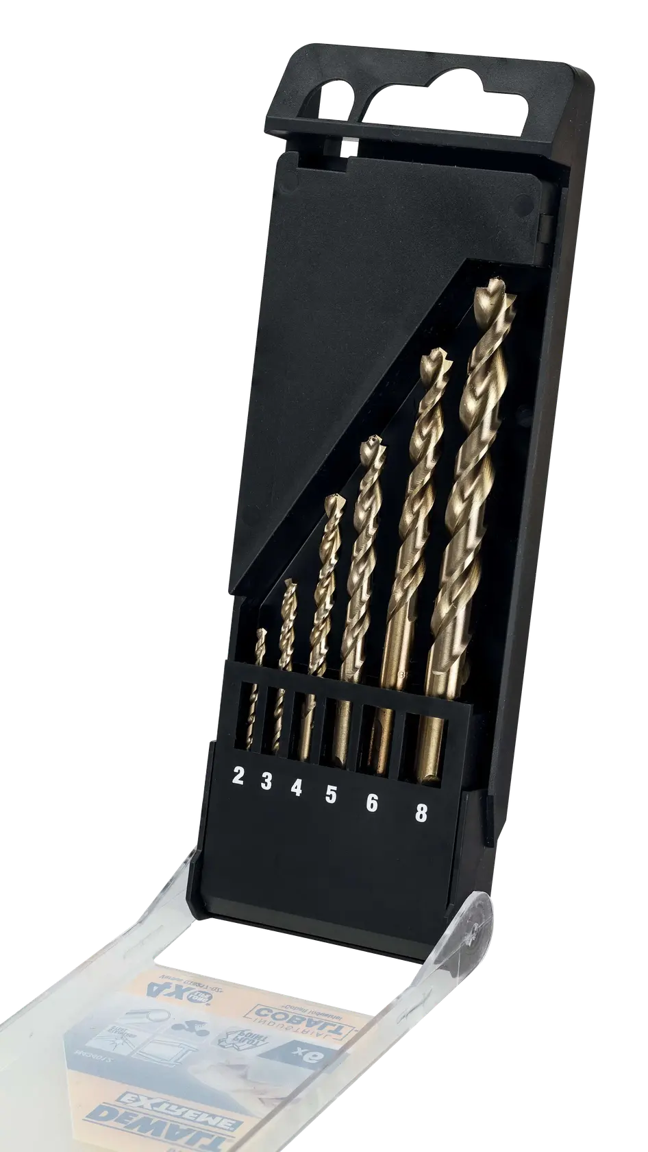A set of six metal drill bits in different sizes (2, 3, 4, 5, 6, 8 mm) displayed inside an open black plastic DEWALT case.