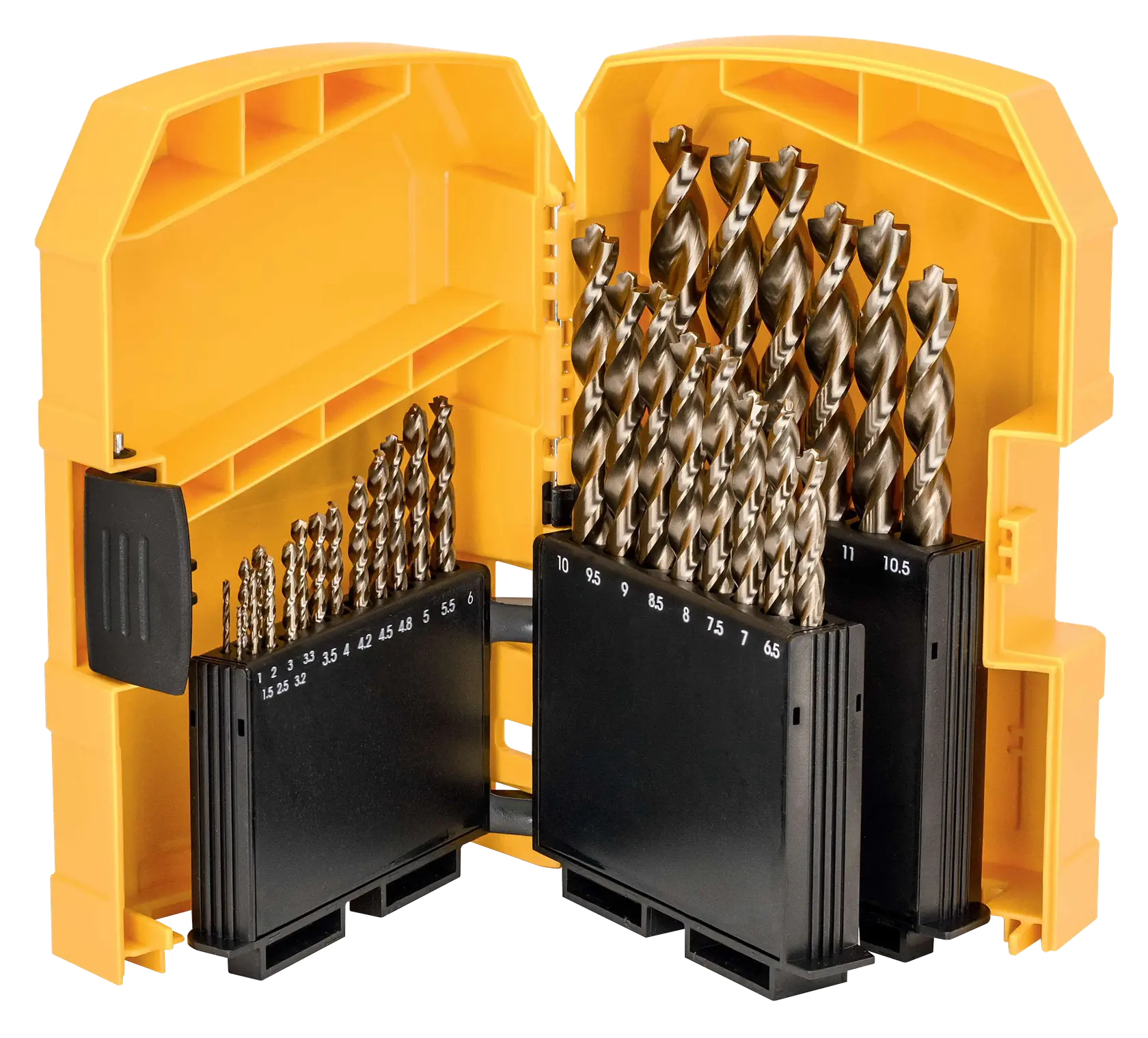 A yellow DEWALT case opened to display multiple metal drill bits organized by size, with black holders and numeric labels ranging from 1 to 10.5.