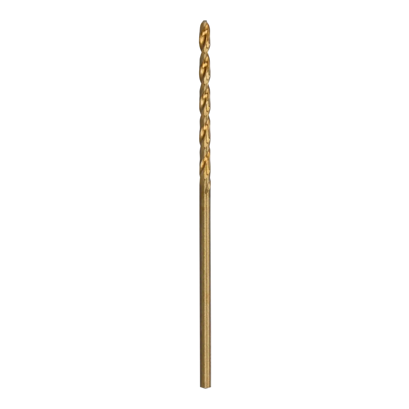 Single gold-colored metal drill bit standing vertically on a white background.