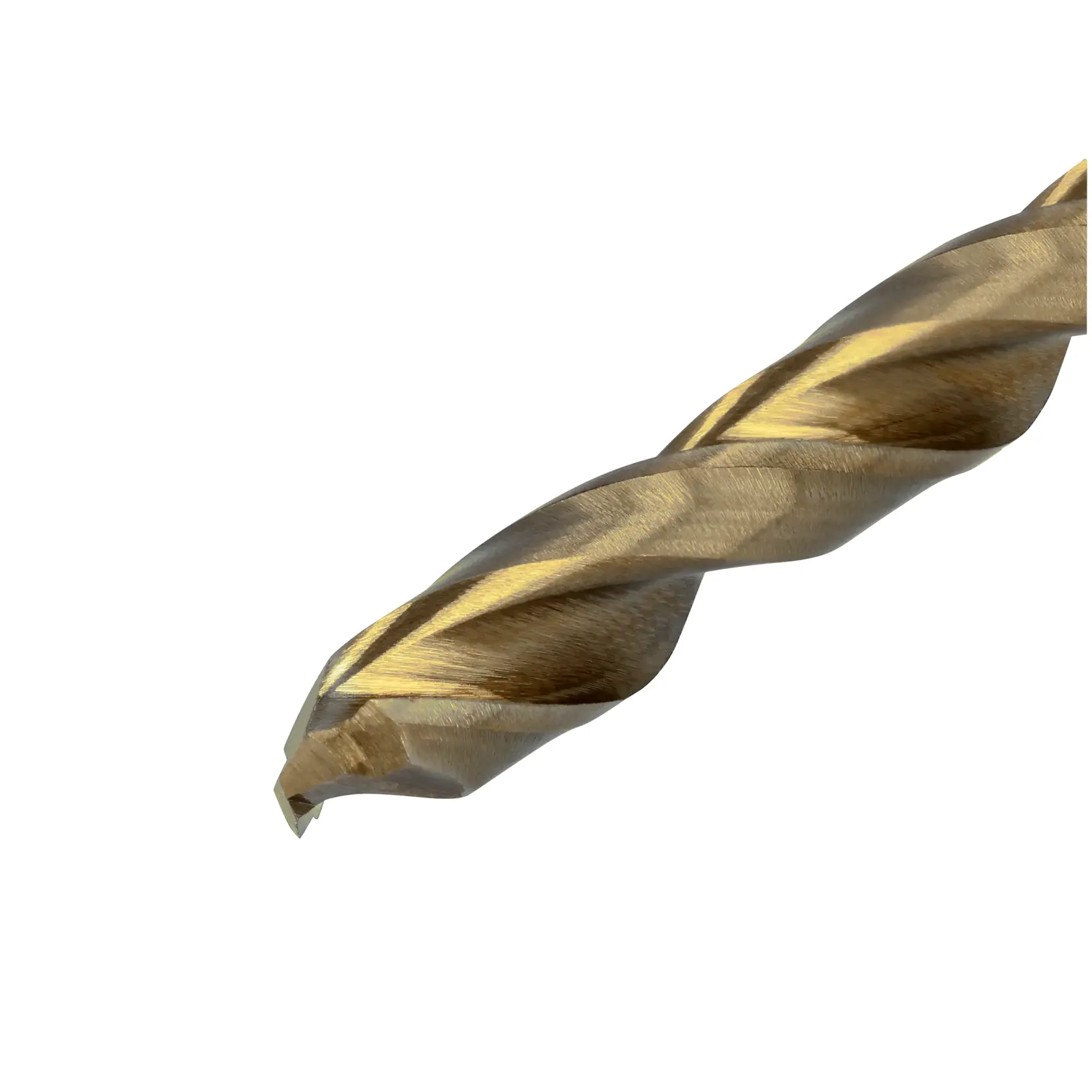 Close-up of a metallic twist drill bit with a gold finish, shown against a white background.