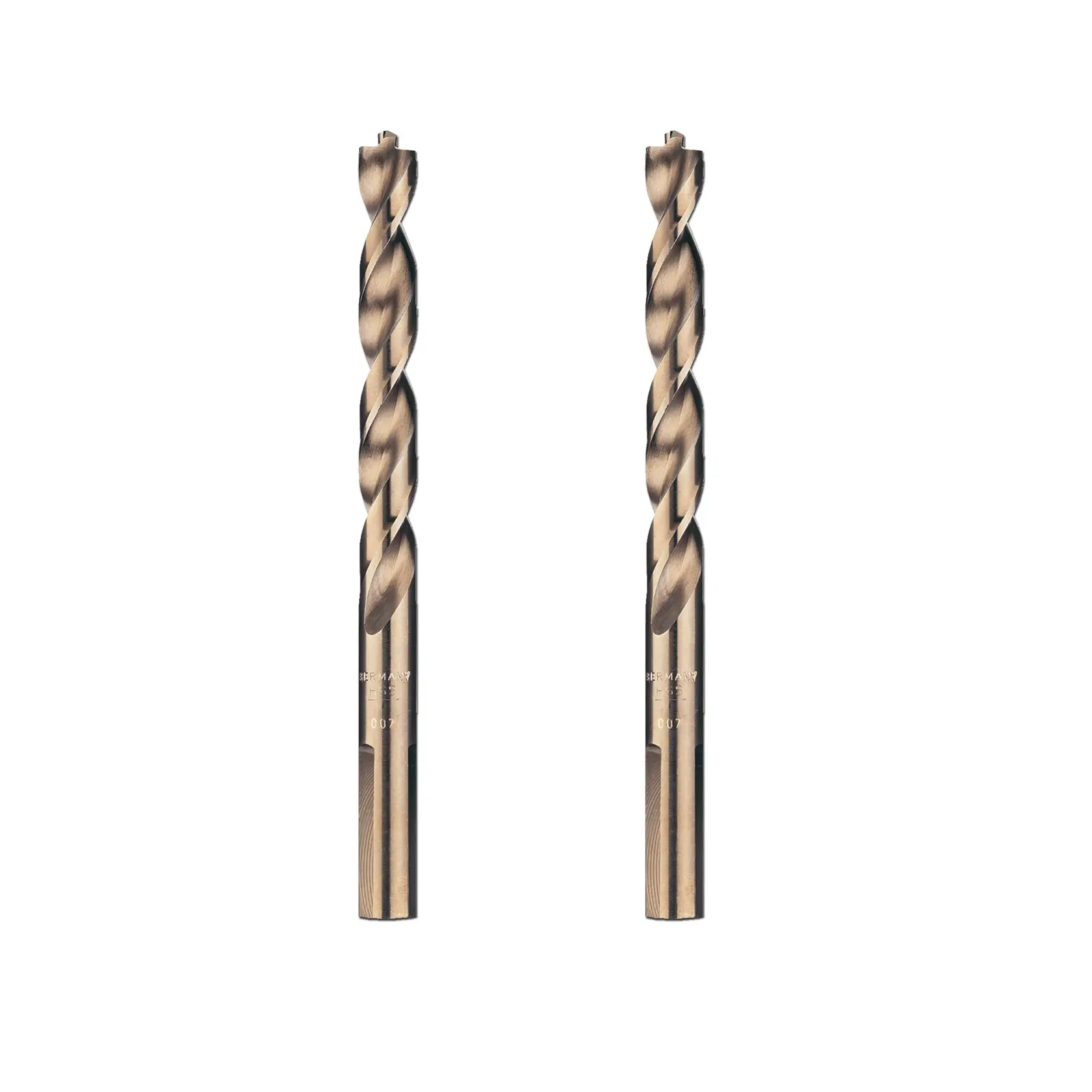 Two DEWALT DT5040 metal drill bits with spiral flutes, displayed vertically side by side on a white background.