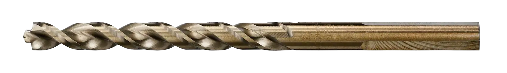 Metal drill bit with spiral flute, shown isolated on a white background.