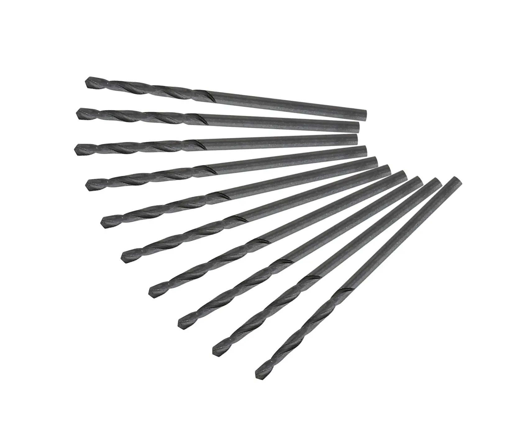 Ten metal drill bits arranged in a fan shape on a white background.