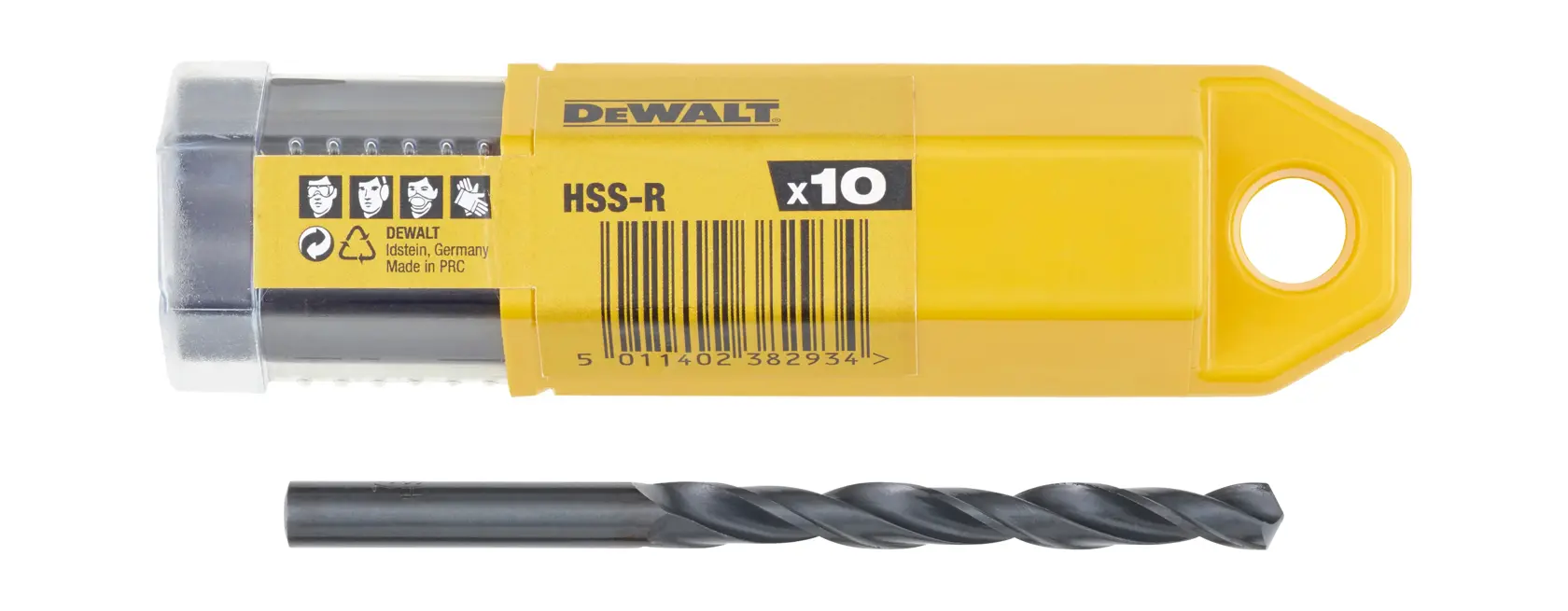 DEWALT yellow pack with HSS-R drill bit and label, includes one visible black twist drill bit.