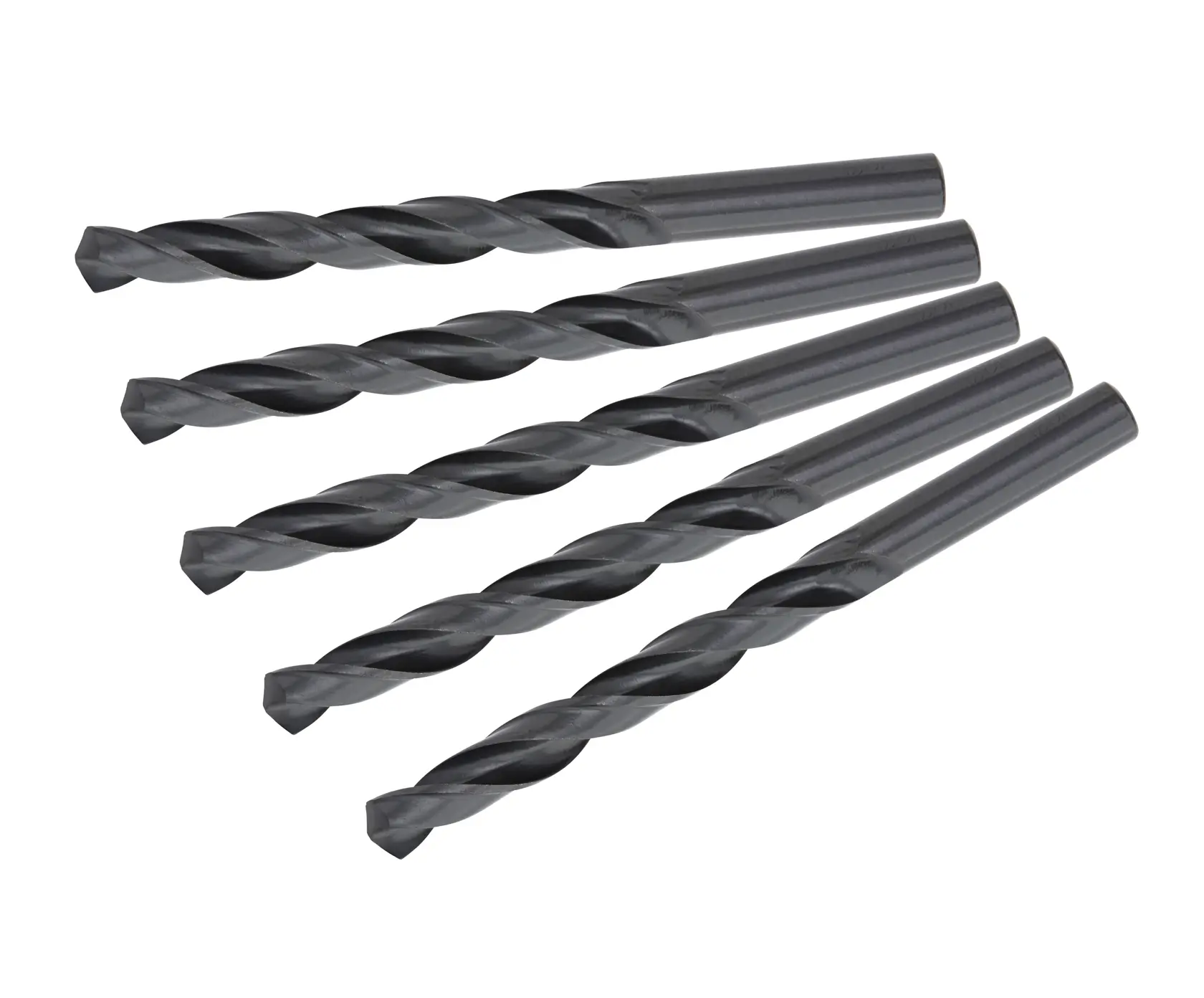 Five black metal twist drill bits are arranged in a fanned-out pattern on a white background.