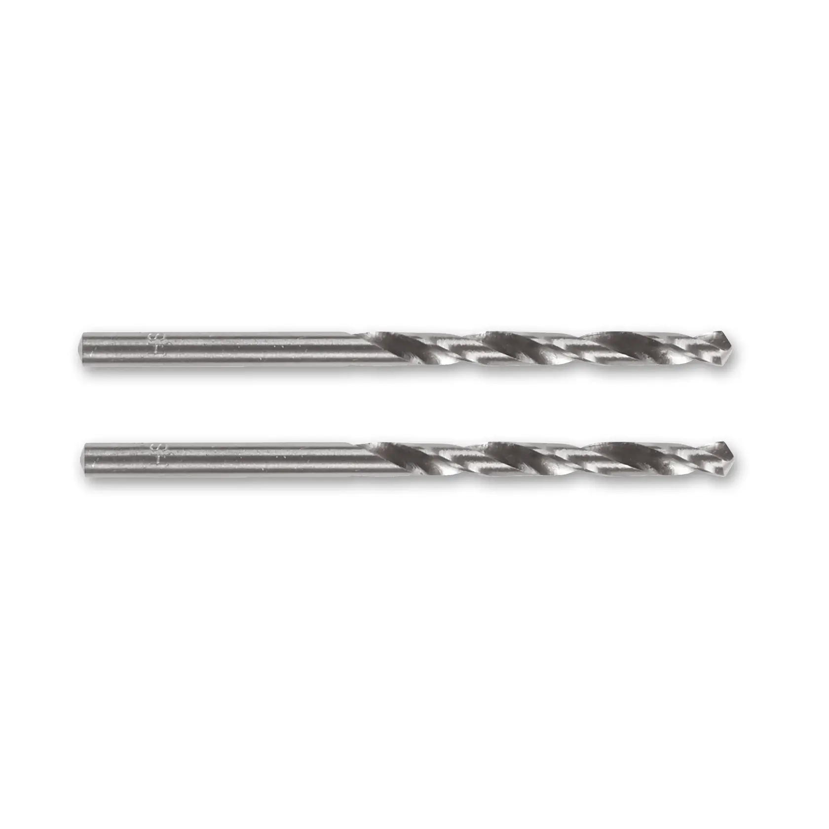 Two metal DEWALT drill bits with spiral grooves, placed parallel on a white background.