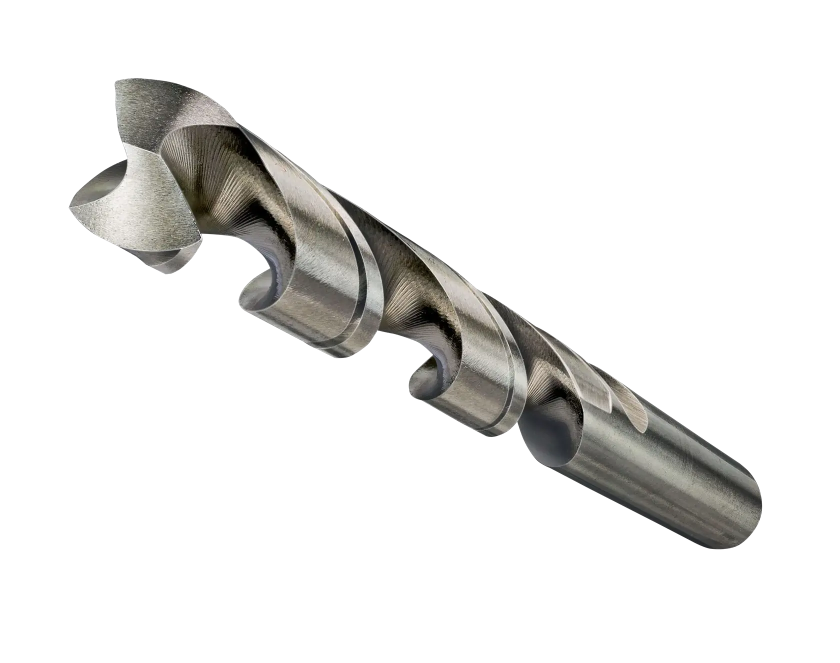 Close-up of a metallic drill bit with spiral flutes against a white background.
