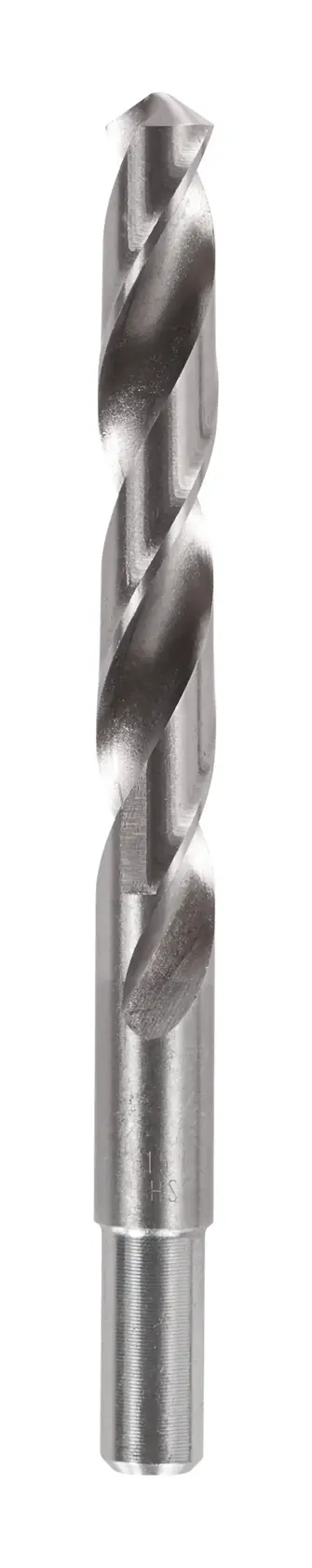 A single metal drill bit with spiral flutes, shown vertically against a white background.