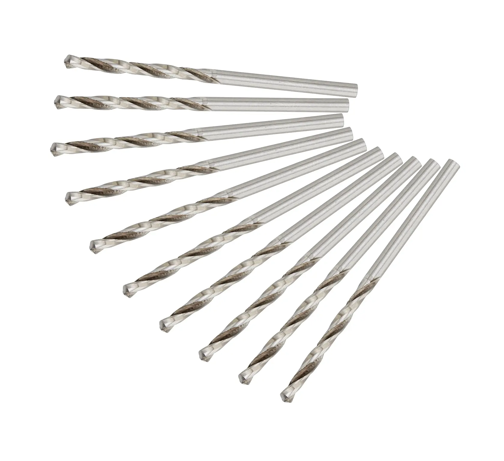 Set of ten silver DEWALT drill bits arranged in a fanned pattern on a white background.