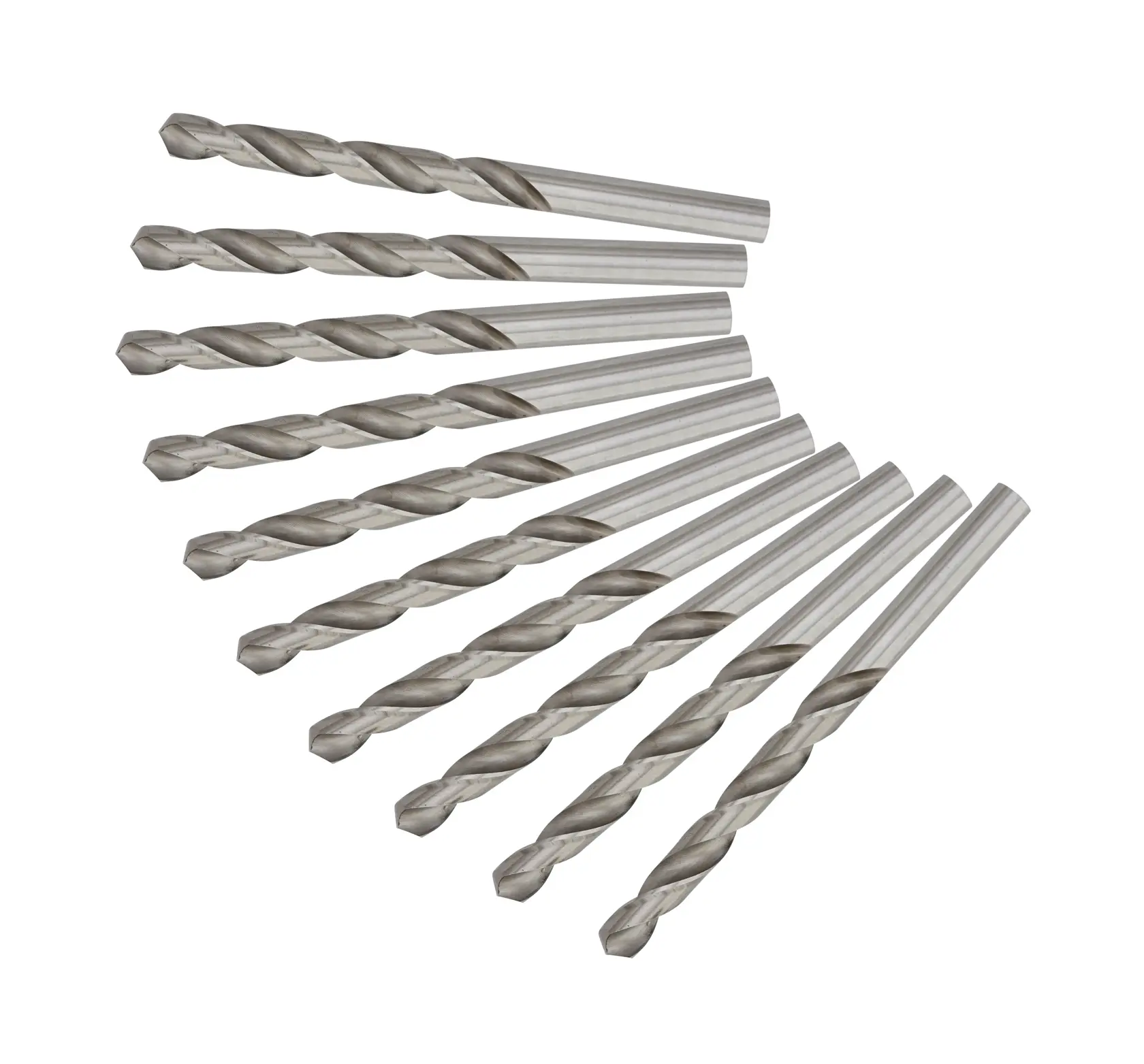 Set of ten silver metal drill bits arranged in a fanned layout, suitable for various drilling applications.
