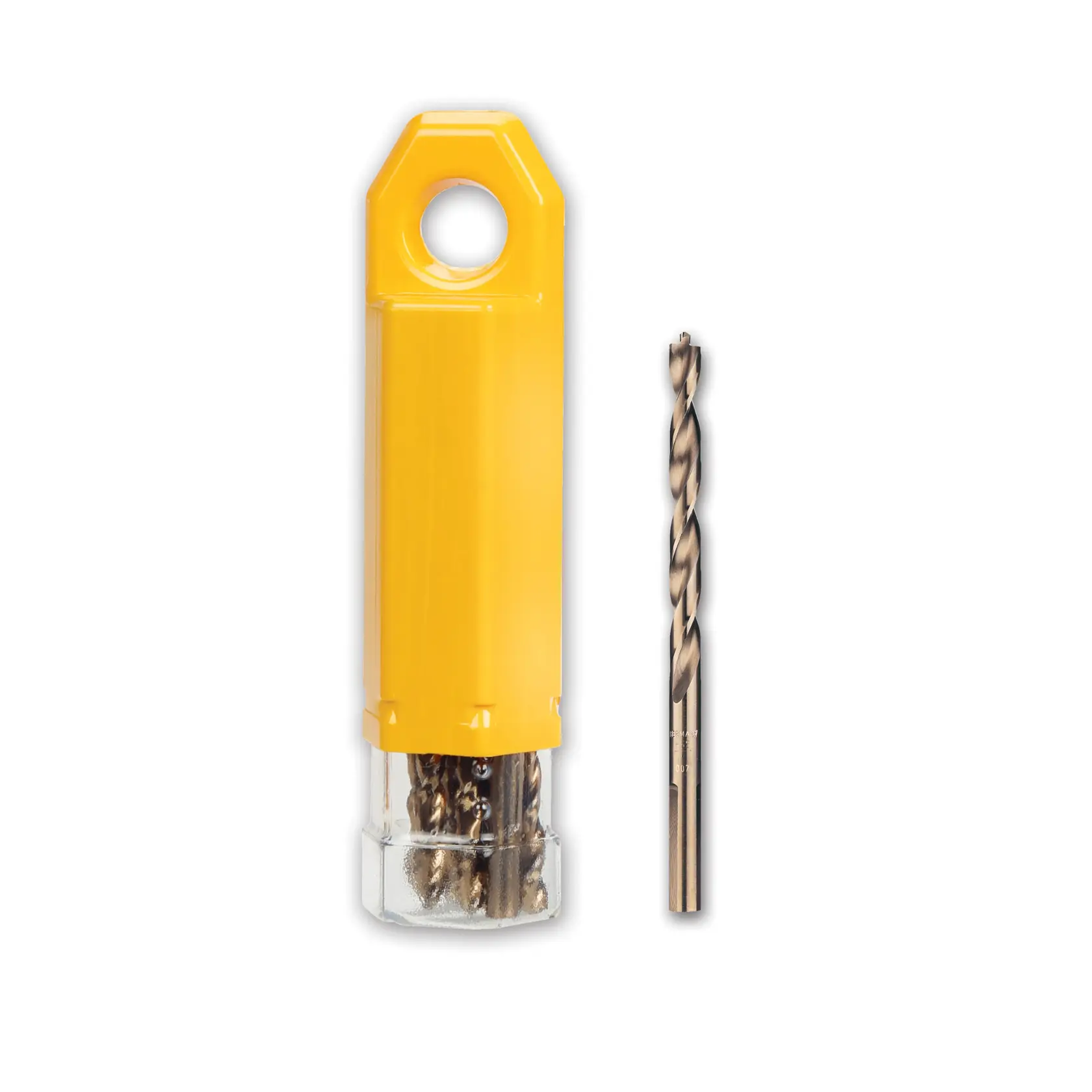 DEWALT drill bit set in yellow plastic case with one drill bit displayed beside it.