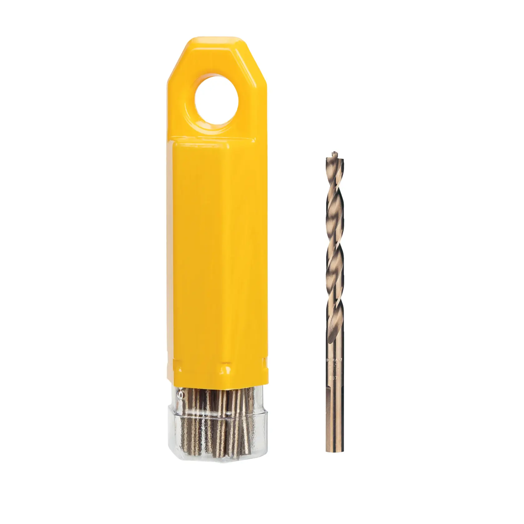 DEWALT drill bit set with yellow case and one drill bit displayed upright next to it.