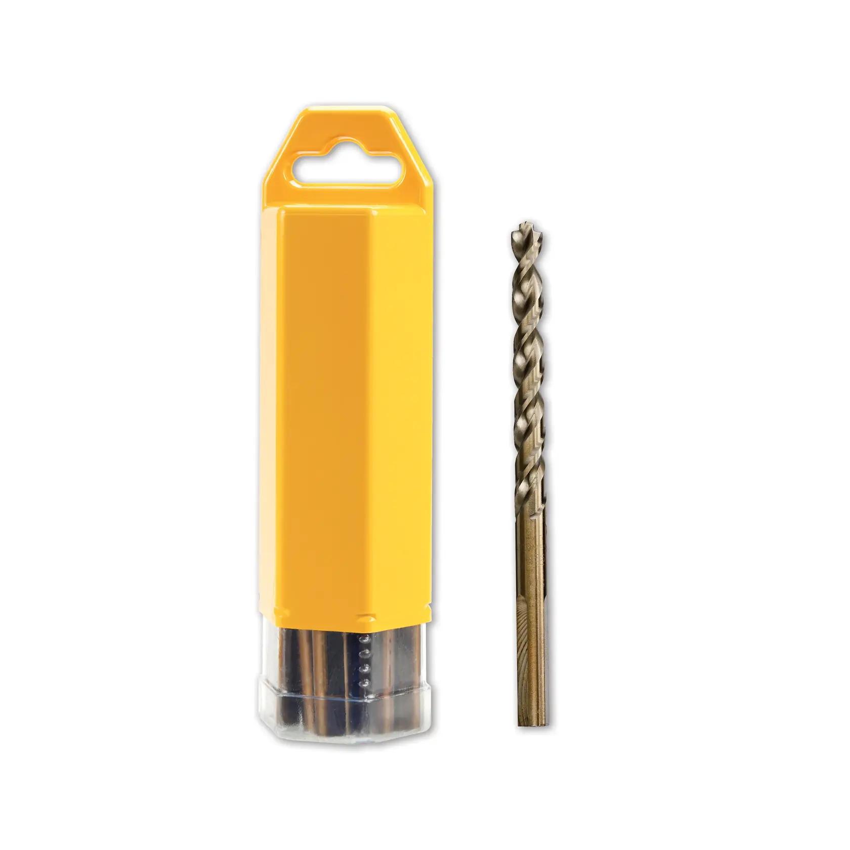 Metal drill bit with a yellow plastic case, shown upright on a white background.