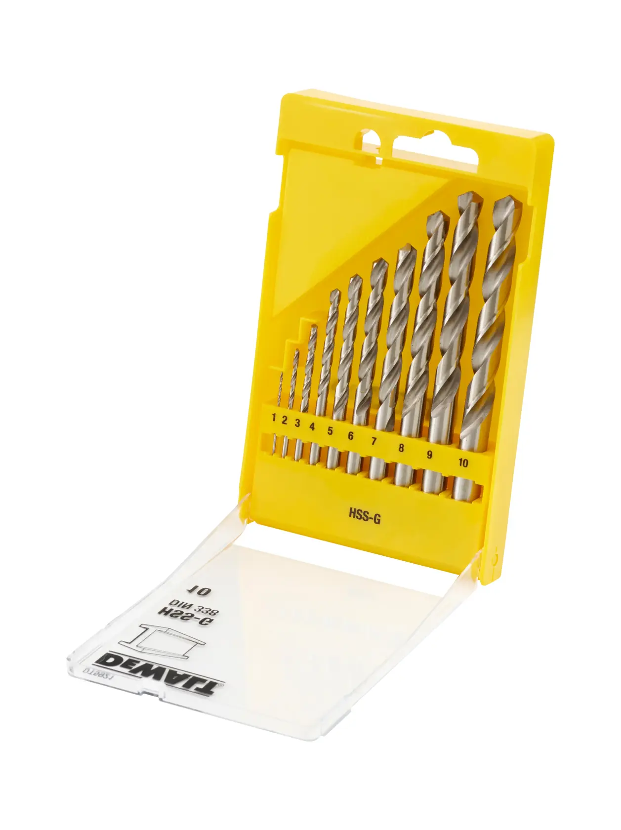 Yellow DEWALT drill bit set with ten sizes in a plastic case, lid open, bits arranged from smallest to largest.
