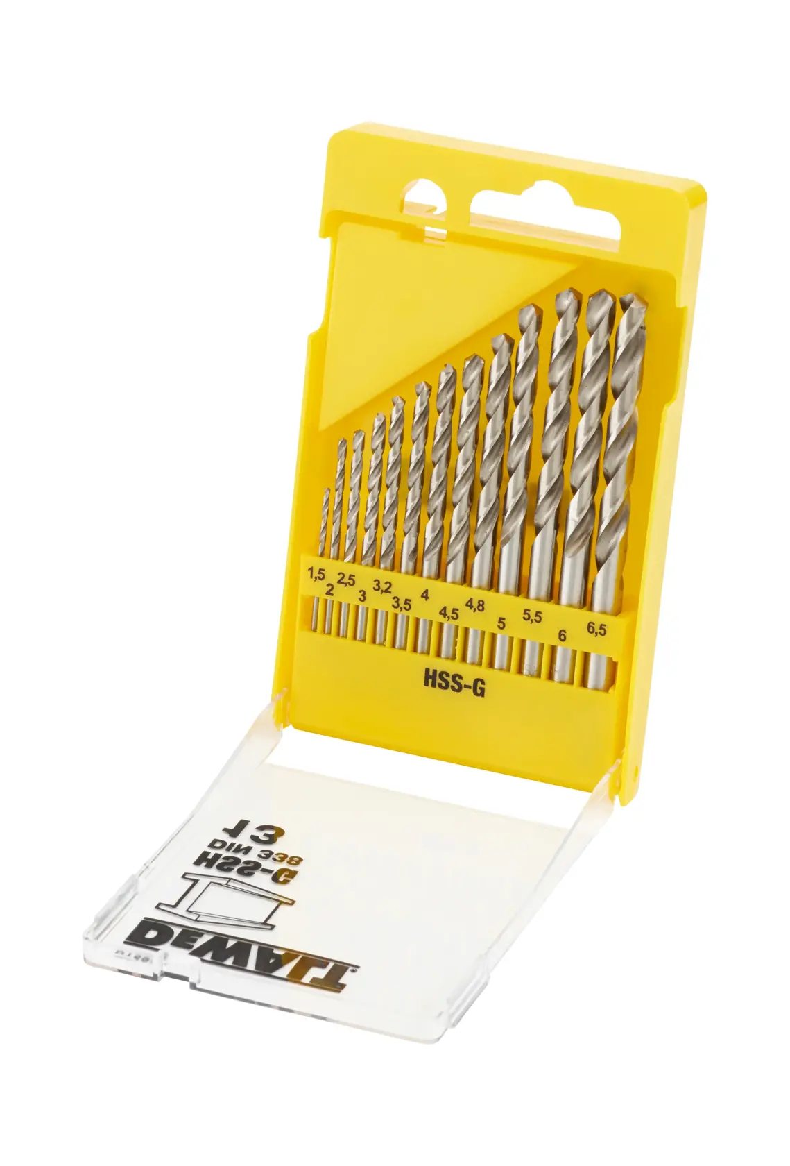 DEWALT DT5922 yellow case with 13 metal drill bits in assorted sizes.