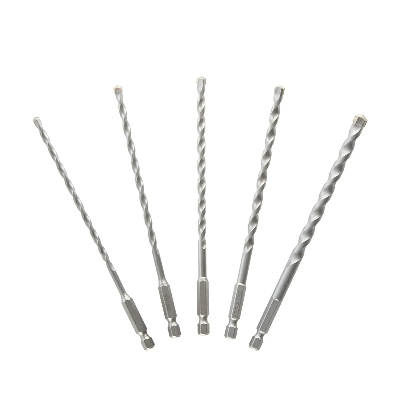 Five DEWALT hex shank masonry drill bits arranged in a fan shape on a white background.