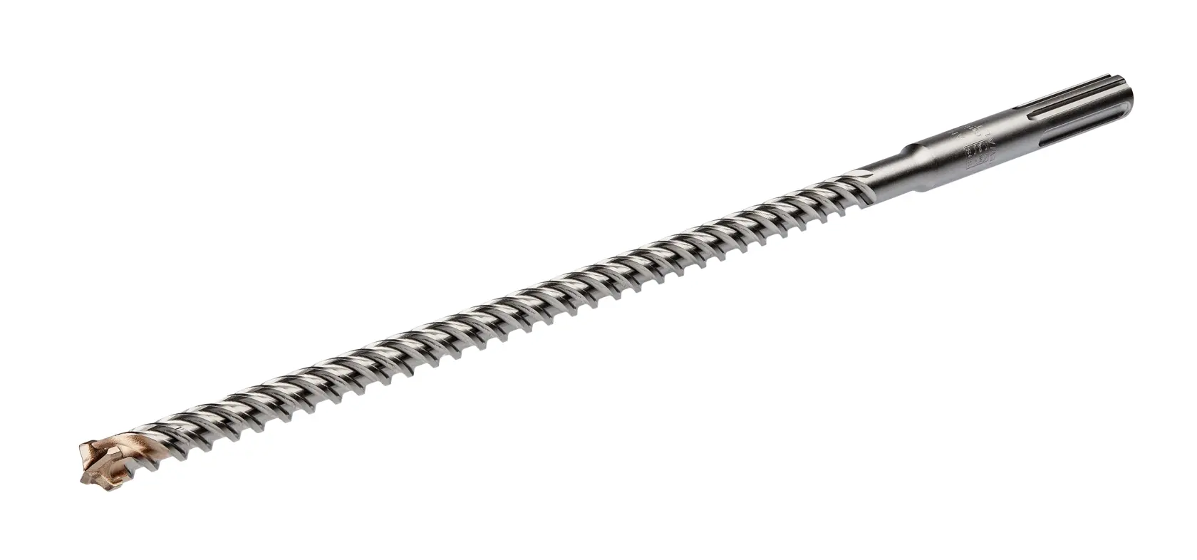Long spiral DEWALT drill bit with carbide tip shown on white background.