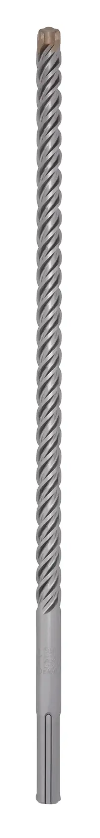 Long, silver masonry drill bit with spiral fluting, used for drilling concrete or stone surfaces.