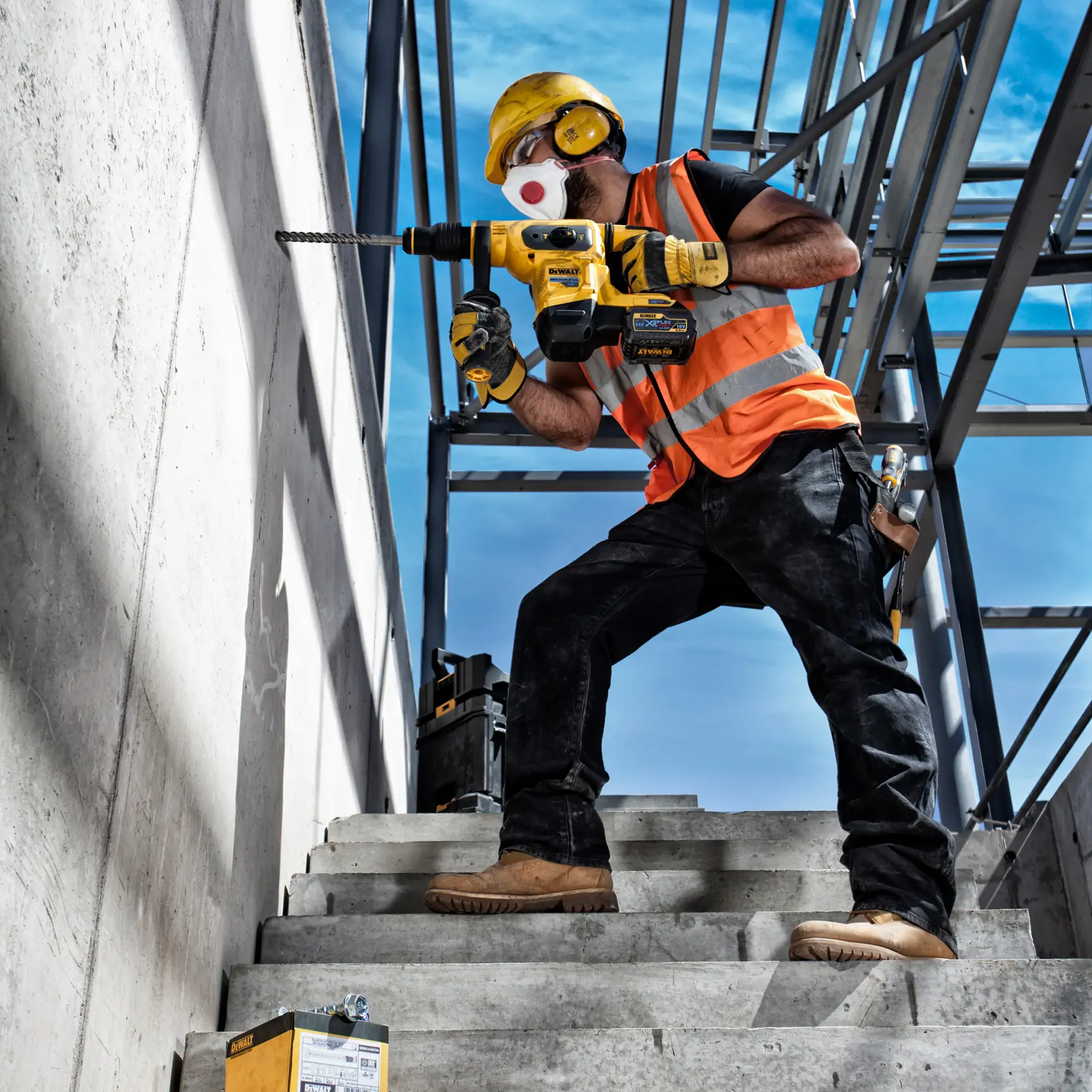 Worker uses DEWALT drill on concrete wall. SKUs: DT60814, DT60814-QZ. Construction site, safety gear visible.