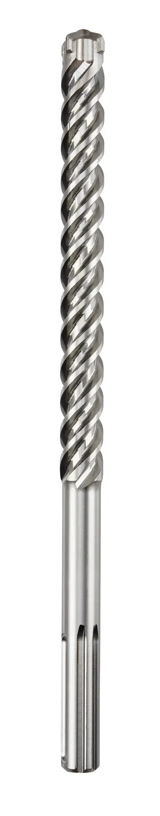 Metal drill bit with spiral flutes, used for drilling into tough materials like concrete or masonry.