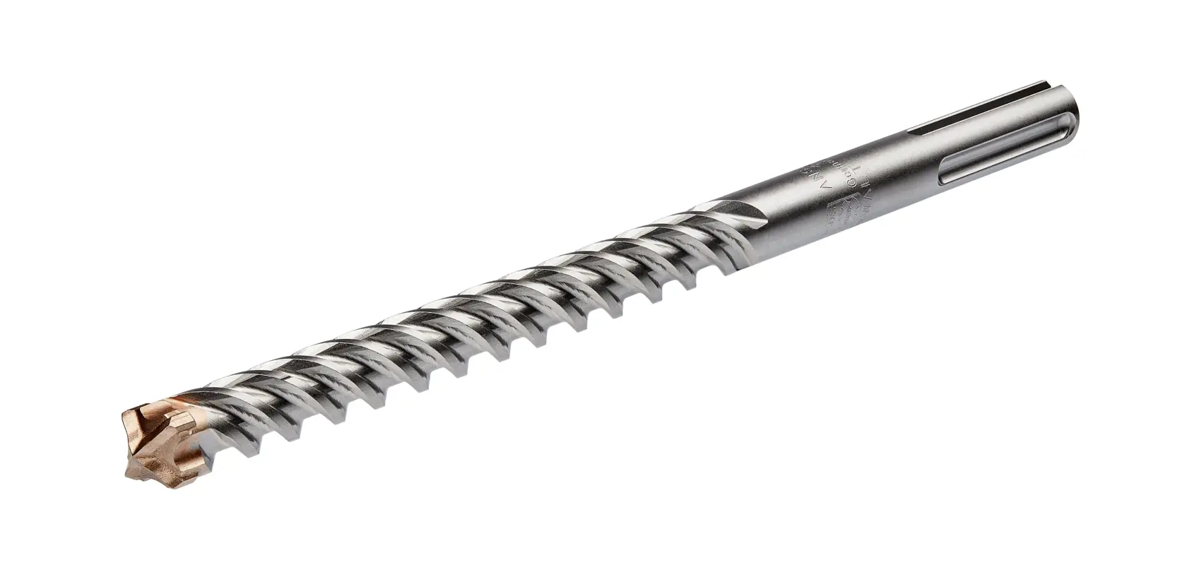 A close-up image of a DEWALT DT60818 masonry drill bit with a spiral design and carbide tip, designed for use with hammer drills.