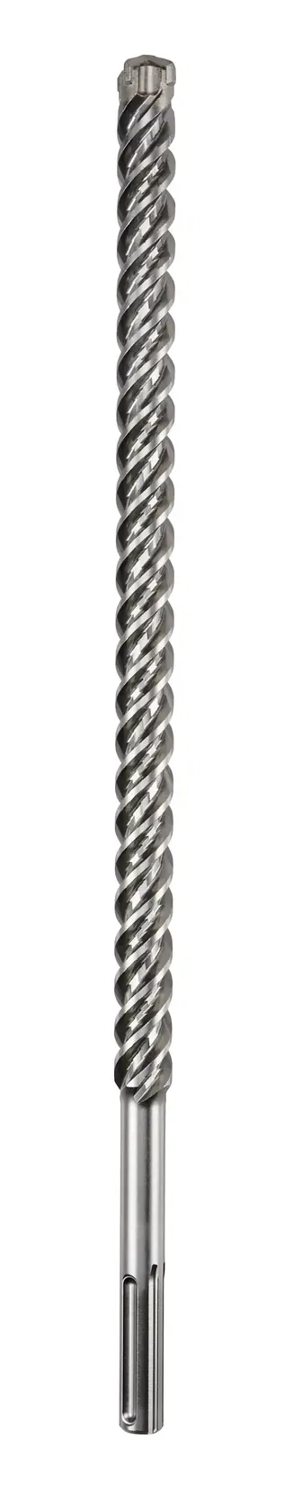A long, silver DEWALT drill bit with a spiral design, intended for heavy-duty drilling in masonry and concrete.