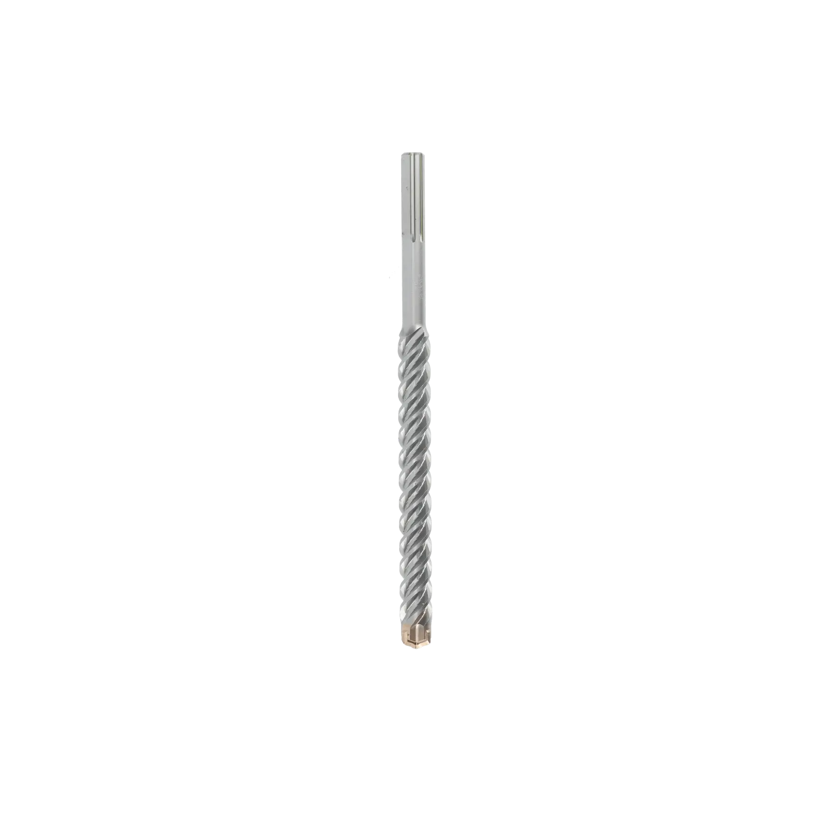 A single metal masonry drill bit with spiral flutes, shown vertically against a white background.