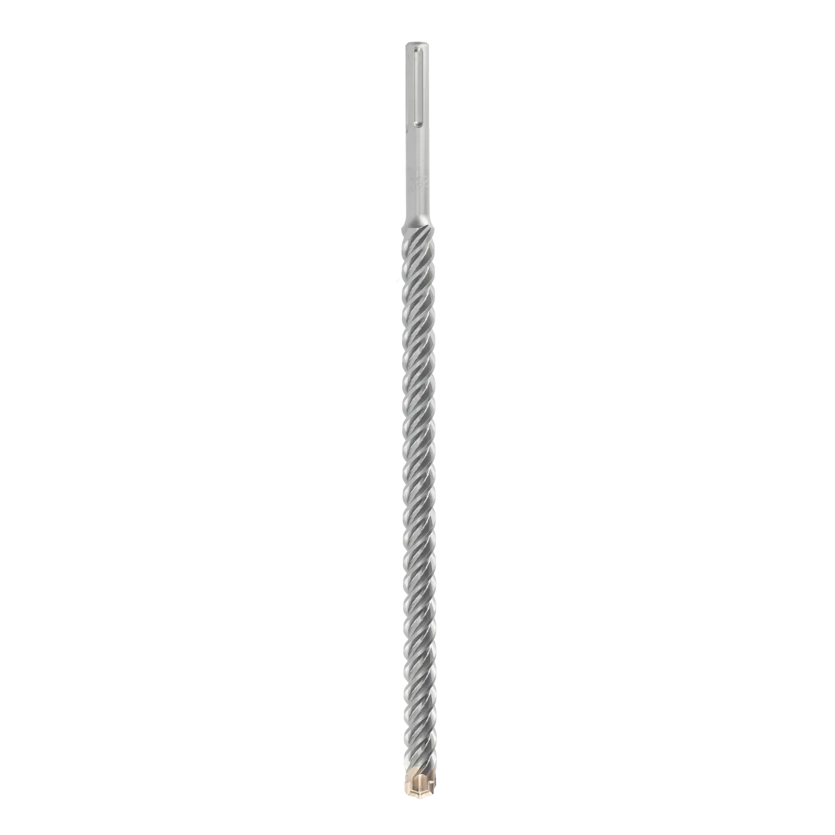 Long silver DEWALT masonry drill bit with spiral design and flat shank, shown vertically on white background.