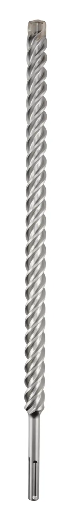 A long silver rotary hammer drill bit with spiral design, shown vertically on a white background.