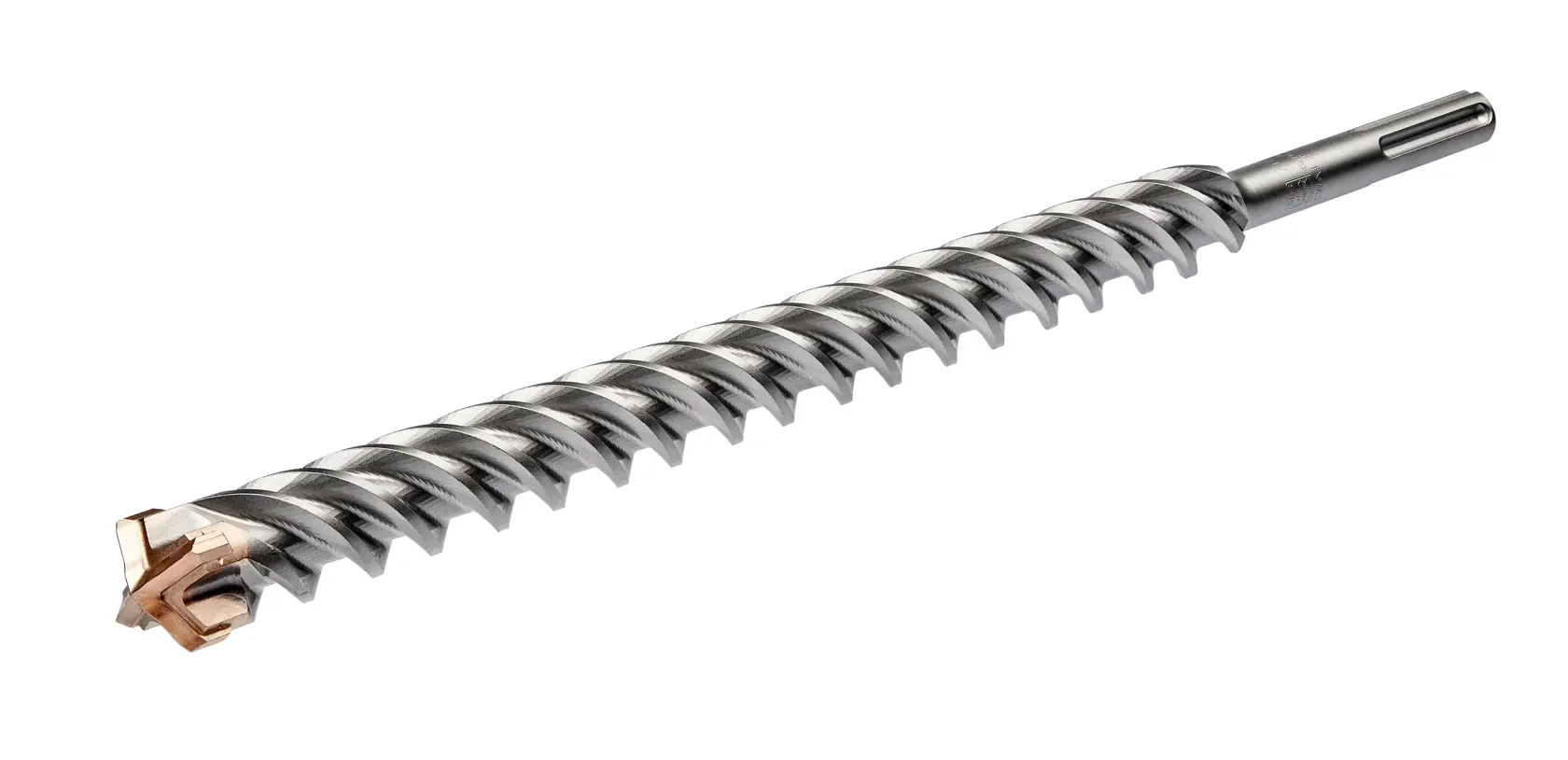 A DEWALT SDS drill bit with a spiral design and carbide tip, isolated on a white background.
