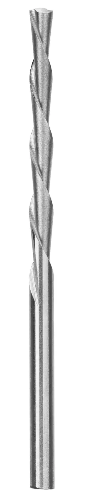 A metal twist drill bit standing upright on a white background.