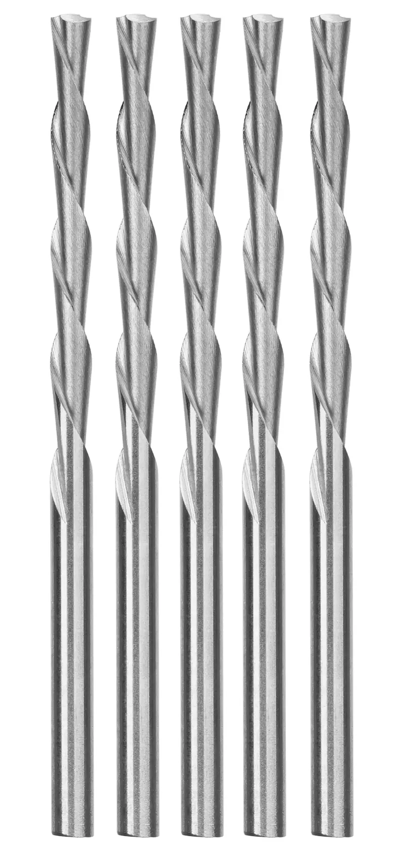 Five metal twist drill bits standing vertically side by side against a white background.
