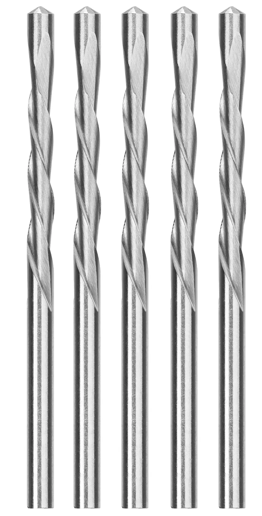 Five silver DEWALT drill bits standing vertically on a white background, shown in a row for display.