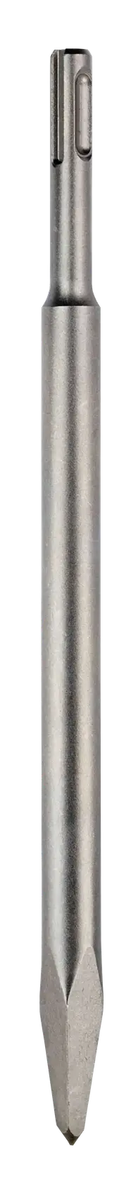 A DEWALT SDS Plus pointed chisel, model DT6801, used as an accessory for hammer drills to break or chip hard materials like concrete. The tool is metallic with a pointed tip and a shank designed for SDS Plus chucks.