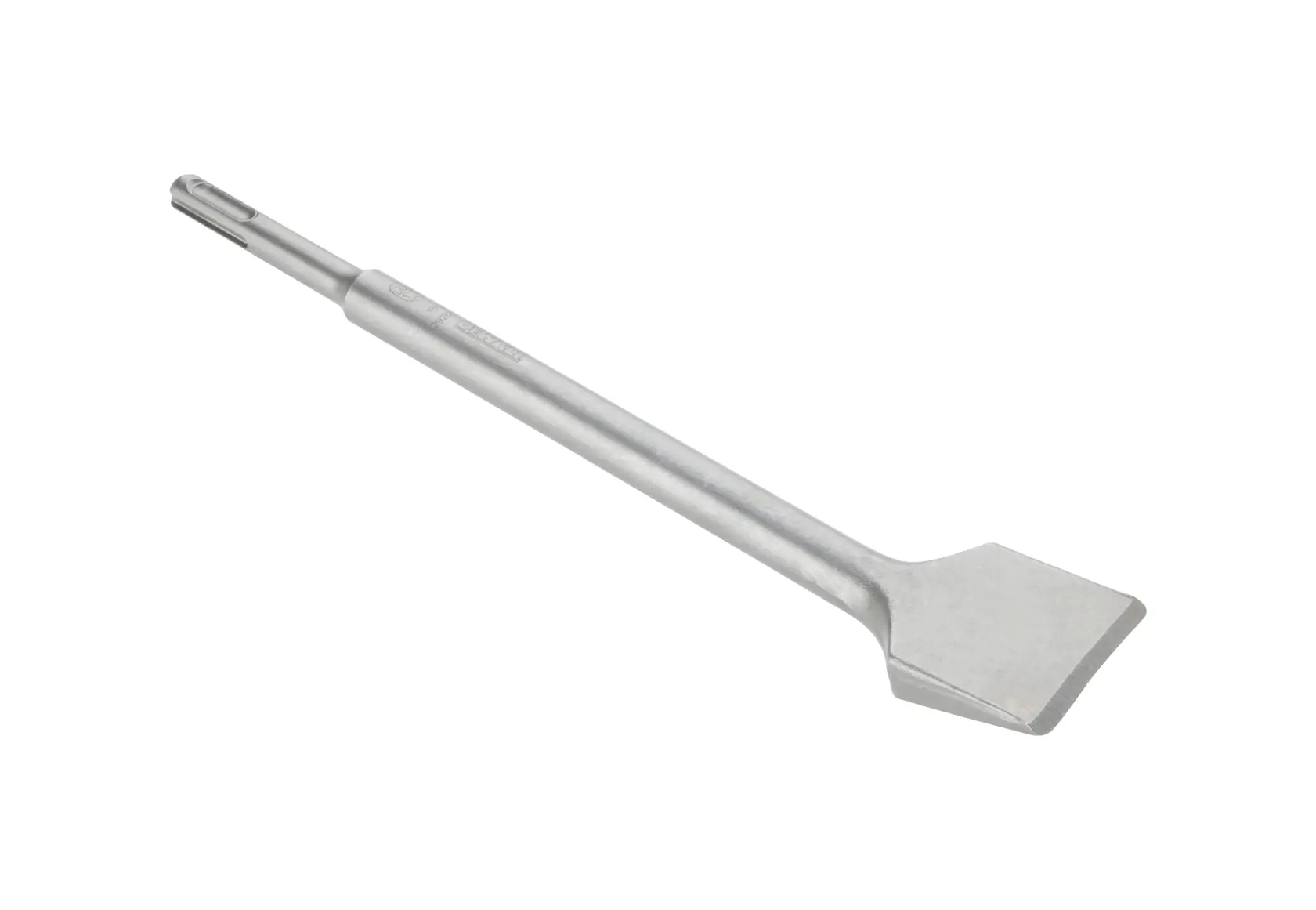 Metal SDS chisel with flat blade used for demolition or construction tasks, shown on white background.