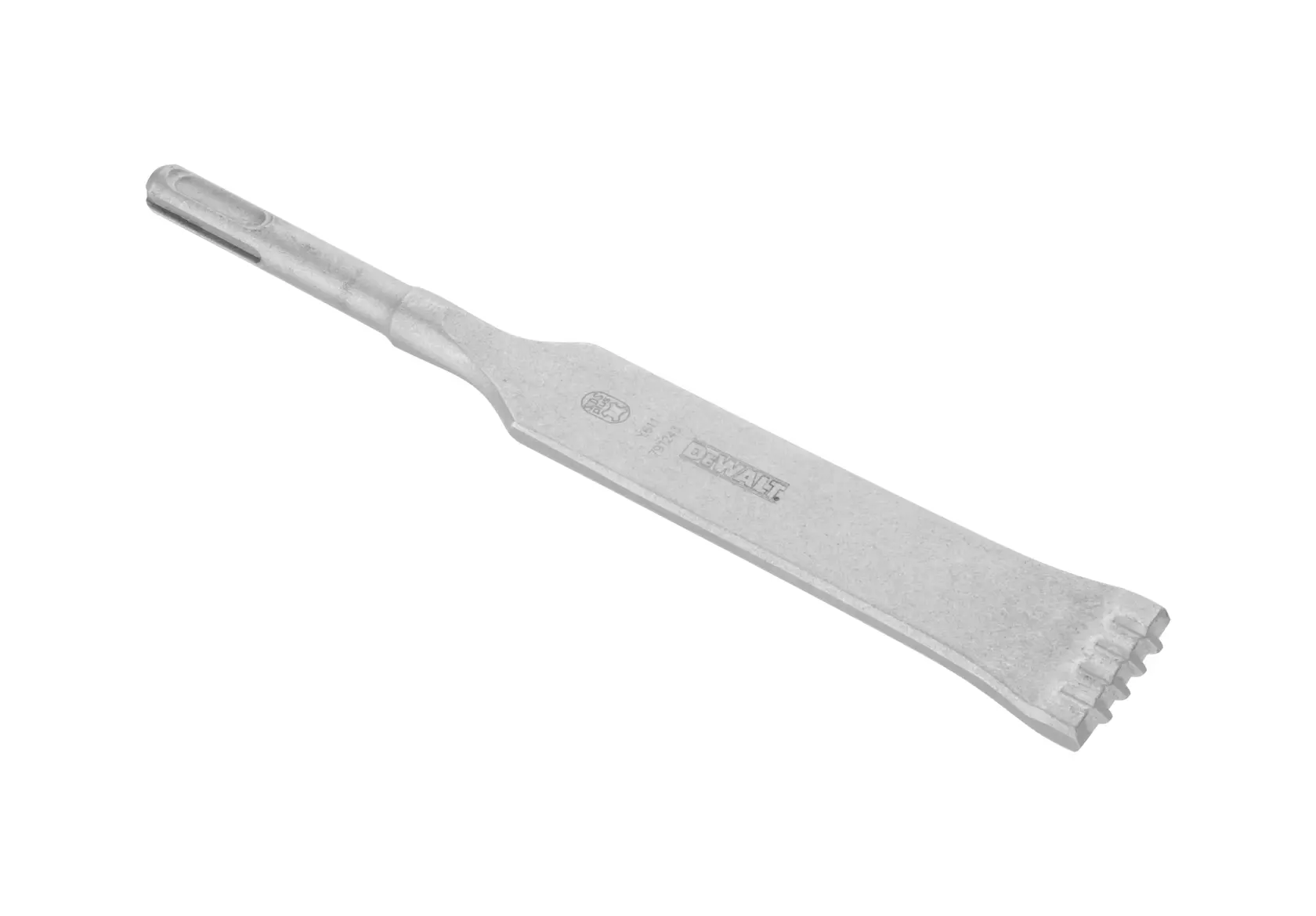 DEWALT DT6810 chisel bit with flat and toothed end for SDS drill, shown isolated on white.