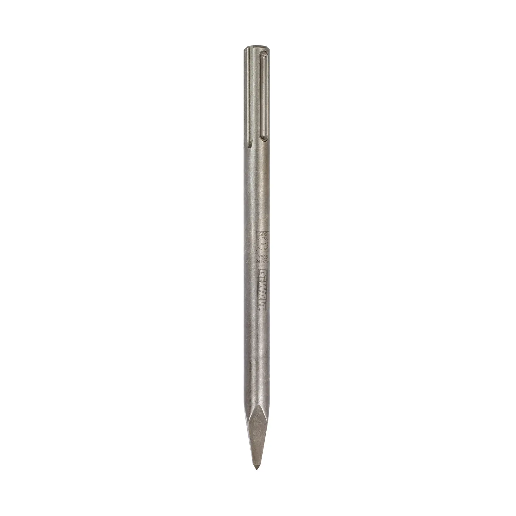 DEWALT pointed chisel for demolition, SDS Max fitting, metal construction, shown vertically on white background.