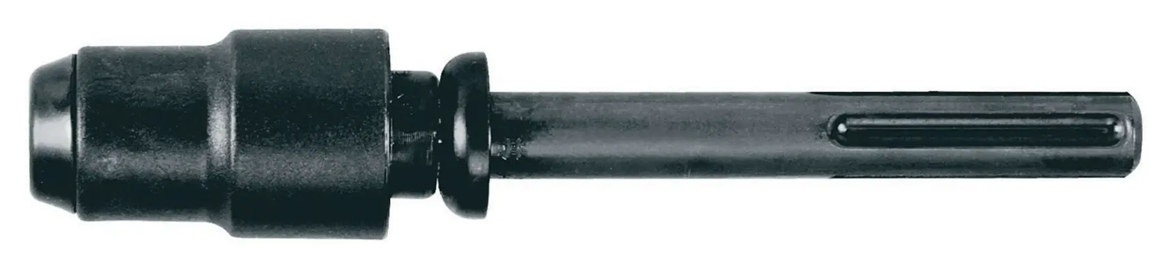 A black metal SDS-plus drill bit adapter photographed on a white background.