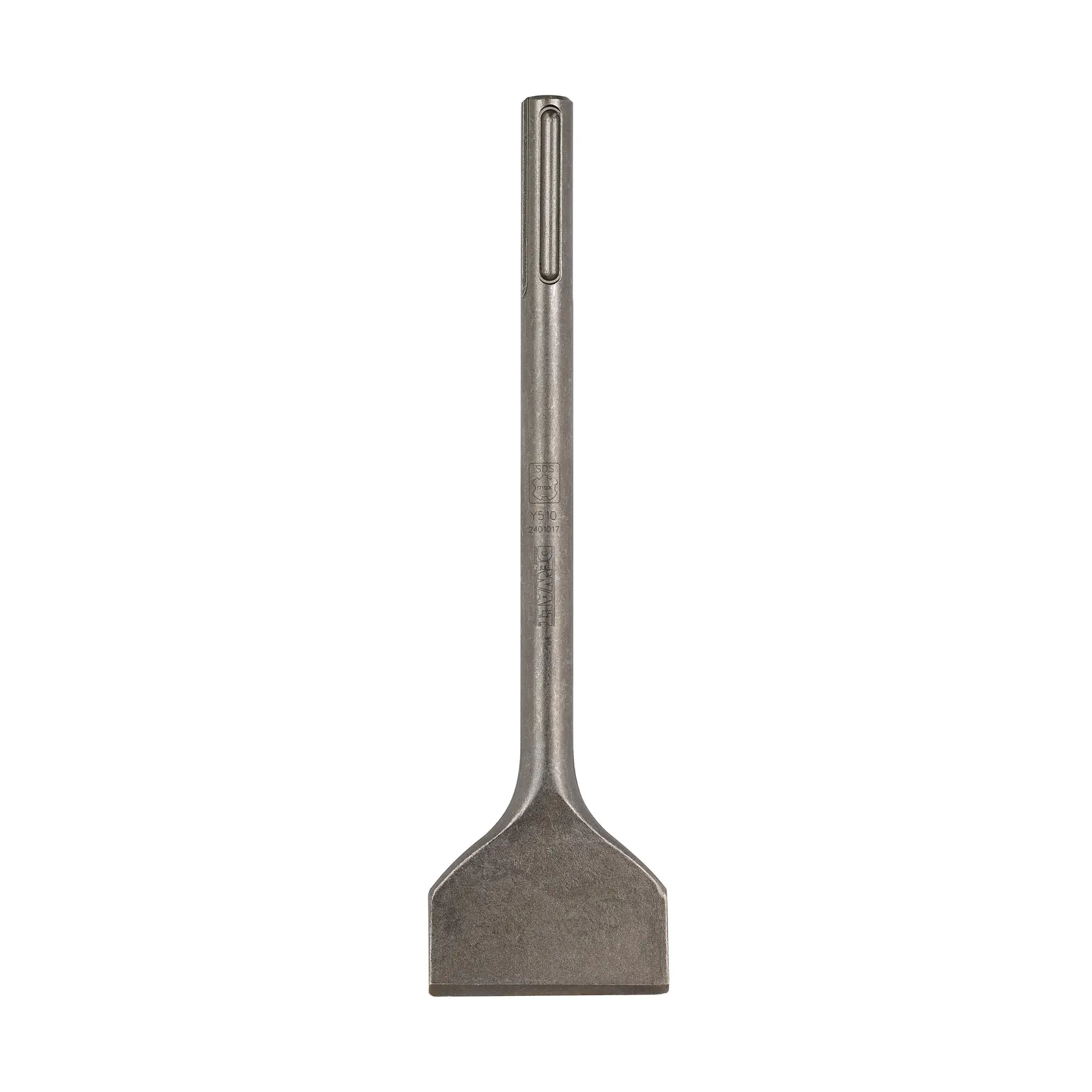 Flat steel chisel with SDS-plus shank, used for demolition and masonry work.