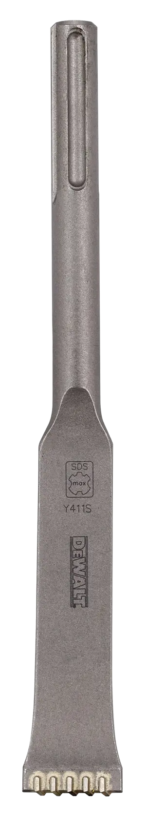 DEWALT SDS max wide chisel with toothed end, used for masonry and concrete demolition work.