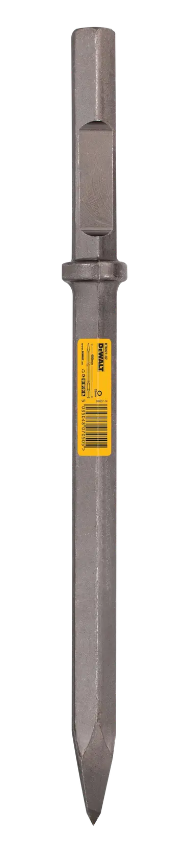 DEWALT DT6927 pointed chisel with hex shank and yellow label, designed for demolition and heavy-duty concrete work.