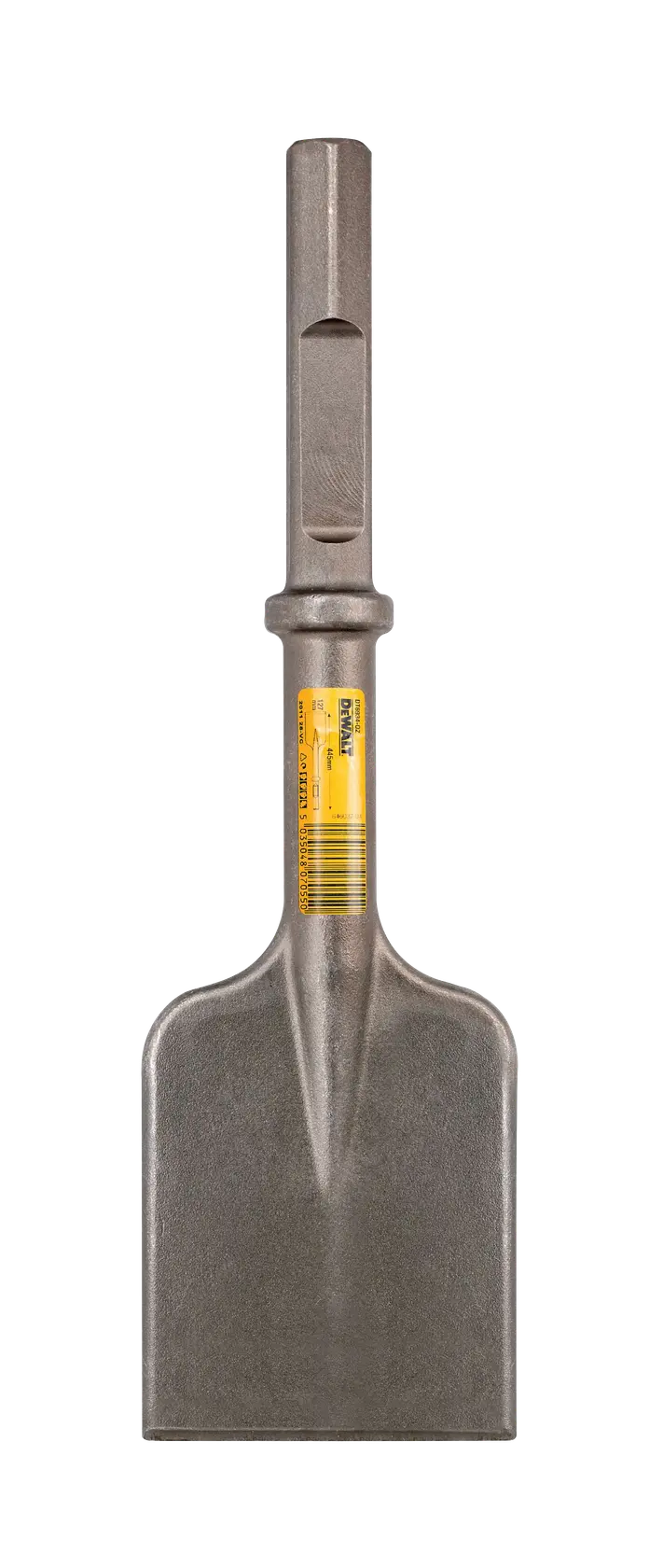 DEWALT DT6934 flat chisel with wide blade and hex shank, used for heavy-duty material removal with power tools.