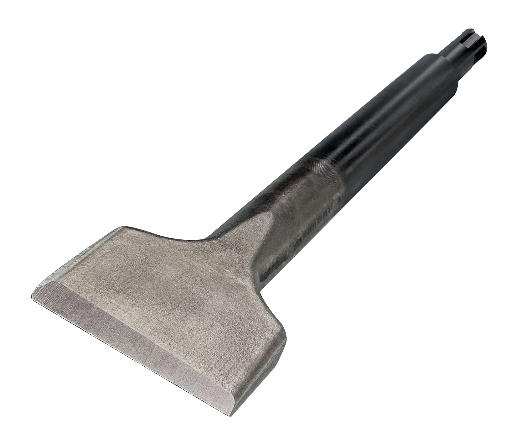 Wide flat steel chisel for demolition or masonry work, with a black cylindrical shank.