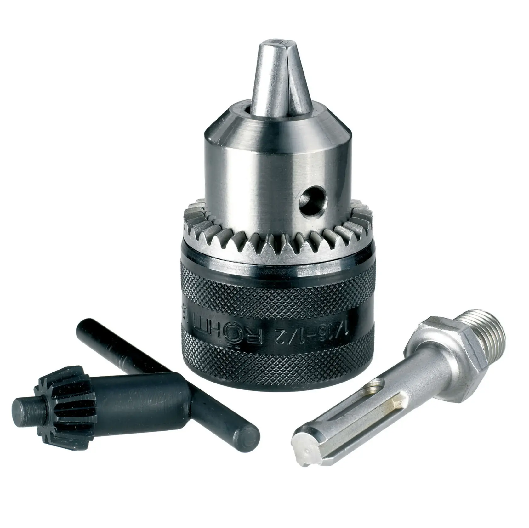 A metal keyed drill chuck set, including a main drill chuck, a chuck key, and an adapter, placed against a white background.