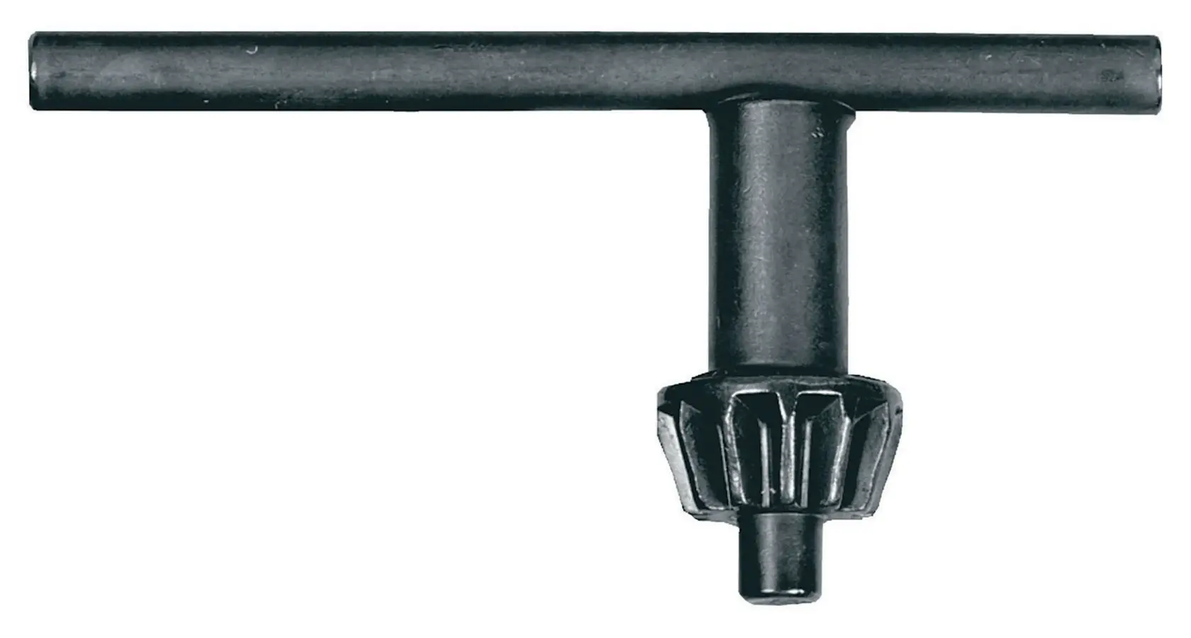 Black metal drill chuck key for tightening or loosening the chuck on a power drill.