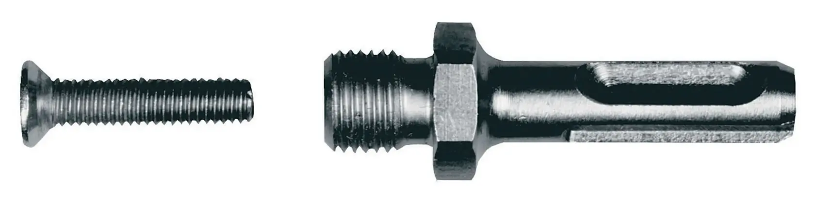 Close-up of a DEWALT DT7030 adapter and metal screw on a white background.