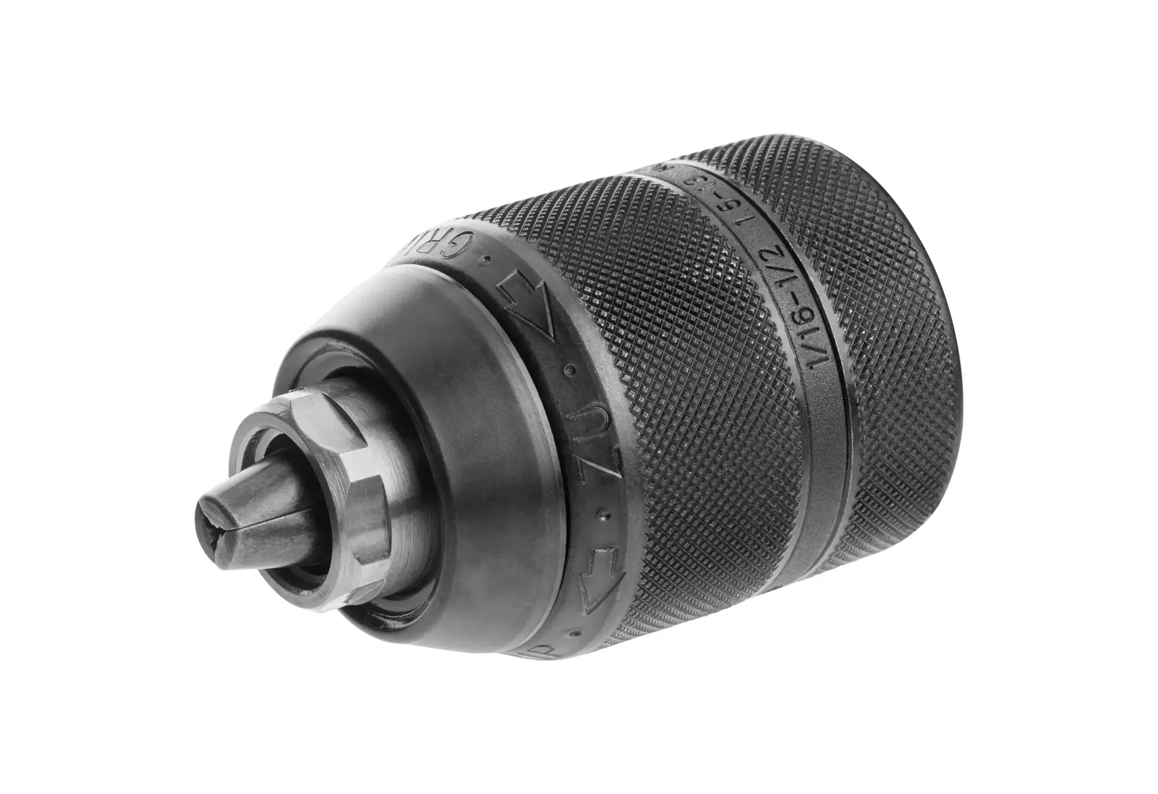 Close-up of a DEWALT DT7043 drill chuck with textured metal grip, photographed on a white background.